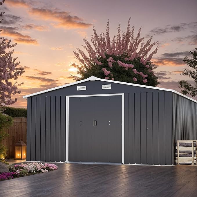 10x12 FT Outdoor Storage Shed, Large Metal Garden Shed with 2 Windows, Outside Tool Sheds with Lockable Sliding Doors, Waterproof Storage Building with 4 Air Vents for Backyard, Patio, Lawn, Dark Gray
