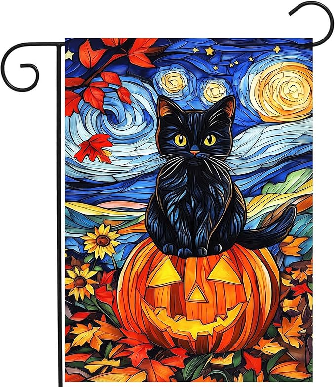 Stained Glass Black Cat Fall Garden Flag Halloween Pumpkin Yard Signs Autumn Sunflower Blue Sky Thanksgiving Banner for Outside 12x18 Double Sided Small Outdoor Decorative