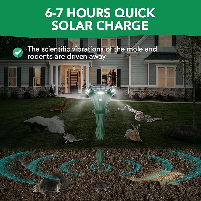 Mole Repellent Solar Powered, 2 Pack Snake Repellent for Yard Waterproof Motion Detection LED Flash Light, Ultrasonic Skunk Repellent Get Rid of Mole, Vole, Rabbit, Gopher, Raccoon, Deer