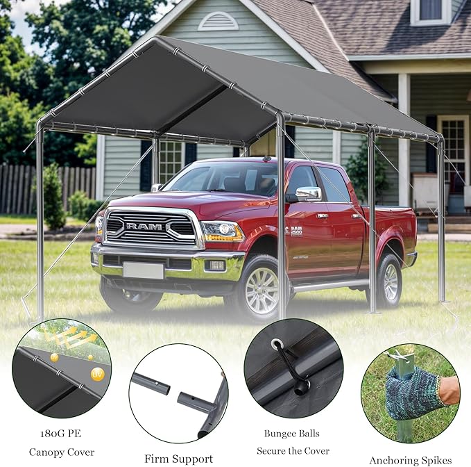 Carport, 10x20ft Heavy Duty Portable Garage, Car Port with Storage Shed, Car Canopy Car Tent with Steel Frame All-Season Tarp for Car, Truck, Boat, Party, Grey