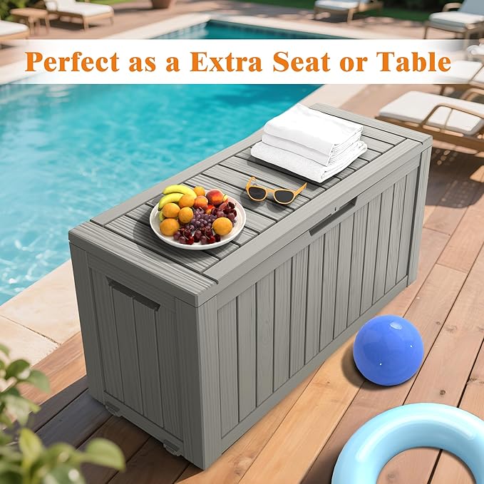 72 Gallon Outdoor Storage Box, Waterproof Deck Box with Handles and Lockable Lid, Resin Patio Storage Box with Hydraulic Rods for Garden Tools, Cushions, Grey