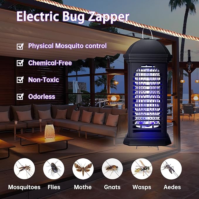 Bug Zapper,1800V 11W UV Insect Pest Fly Killer, IPX4 Waterproof Electric Fly Zapper for Indoor/Outdoor Use, Mosquito Killer for Home and Garden, Black