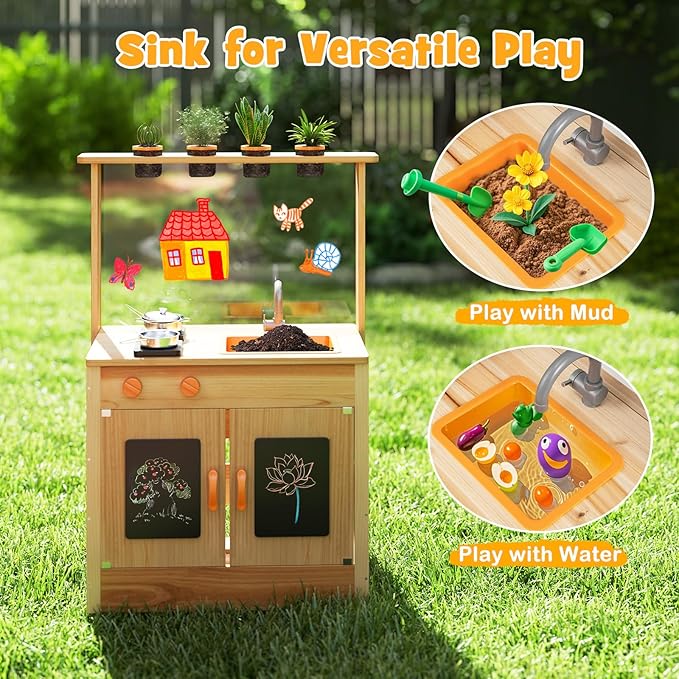 HONEY JOY Mud Kitchen, Fir Wood Outdoor Play Kitchen for Toddlers, 4 Planting Cups, Cookware, Faucet & Sink, DIY Acrylic Board & Blackboard, Storage, Mud Table, Mud Kitchen for Kids Outdoors, Natural