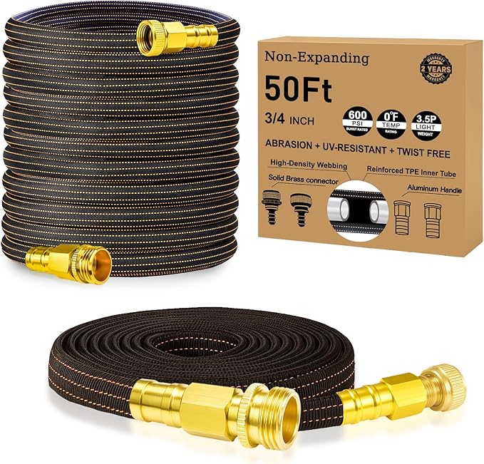 50FT Lightweight Flexible Garden Hose,Non-Slip,Solid Brass Fitting for Garden,Boats Washdown,RVs, Marine Lawn,Campers (OrangeBlack, 2X25 FT)