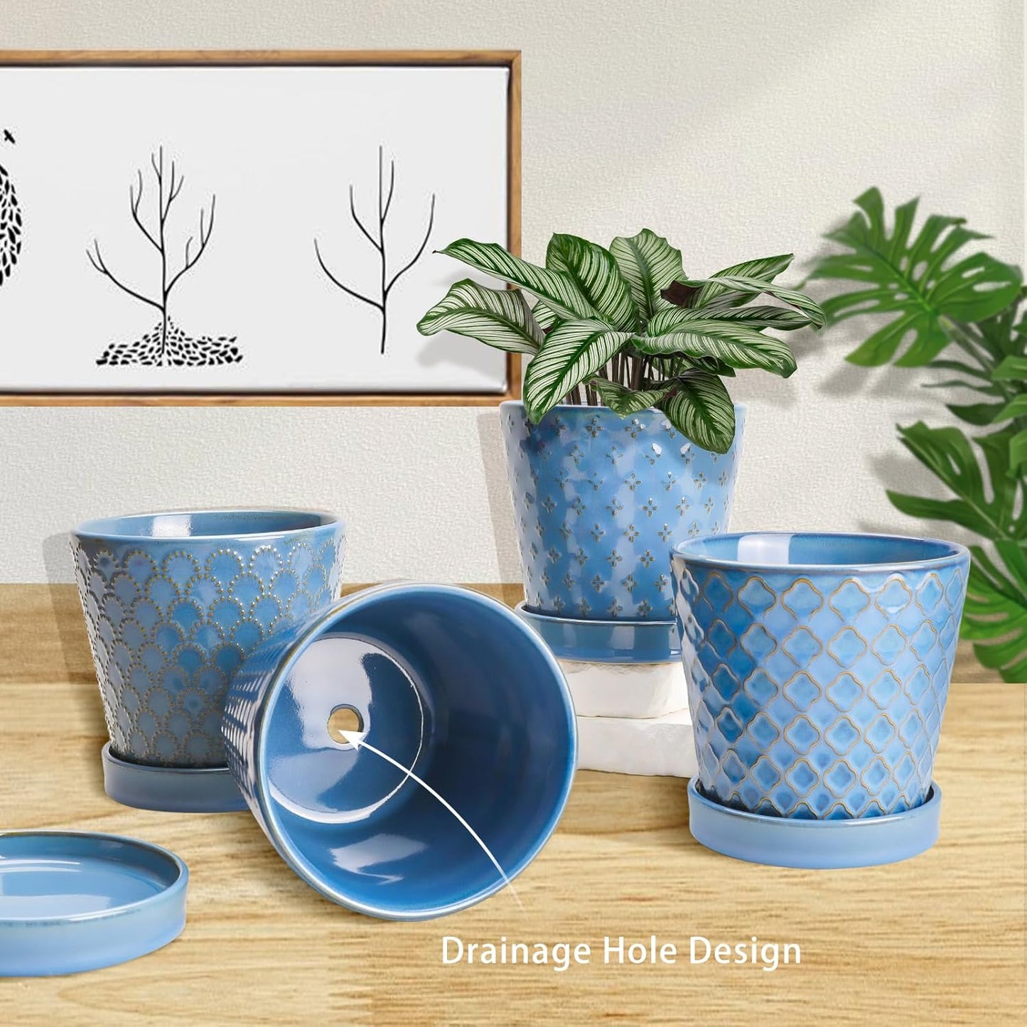 Plant Pots, 5 Inch Pots for Indoor Plants, Planters with Drainage Hole and Saucer, Ceramic Flower Pots Desktop Office Windowsill Decoration Gift Set of 4 - Sky Blue