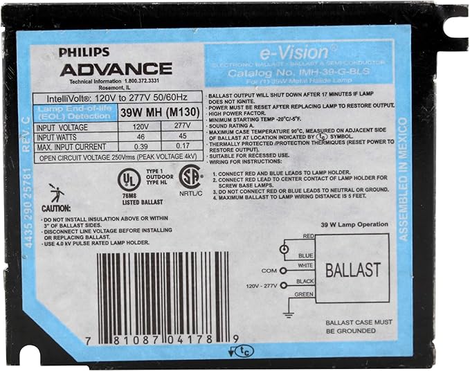 Advance IMH-39-G-BLS Electronic Metal Halide MH Ballast, 1-Lamp, 39W, 120/277V