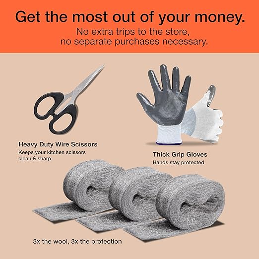 MaPorch Steel Wool Mouse Hole Filler - 3 Pack, 3.2 in x 7.5 ft - Metal Mesh Gap Filler for Walls & Pipes - DIY Kit with Gloves & Scissors - Mouse Prevention Rat Wire Mesh