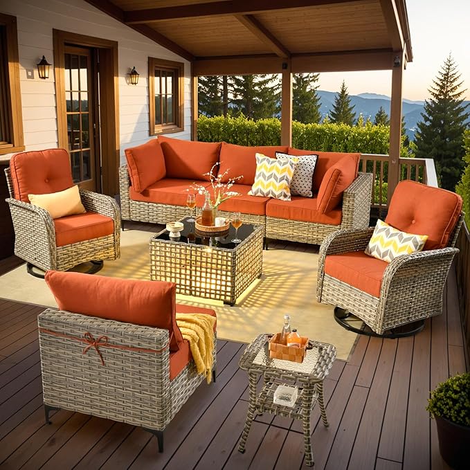 Outdoor Sectional Patio Furniture Set with Swivel Rocking Chairs and Glowing Table,8 Pieces Wicker Conversation Sets L Shaped Couch Out Door Sofa Outside Furniture for Garden Deck Yard Porch,Red