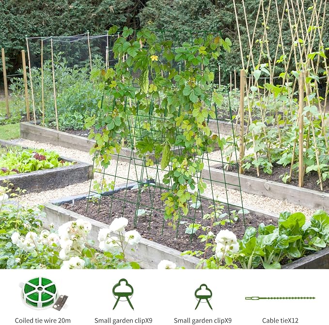 Cucumber Trellis 2 Pack, 59" H Foldable A-Frame Garden Trellis for Raised Bed Garden Grow Support with Plant Support Clips, Twist Ties for Cucumber,Tomato, Climbing Plants and Flowers