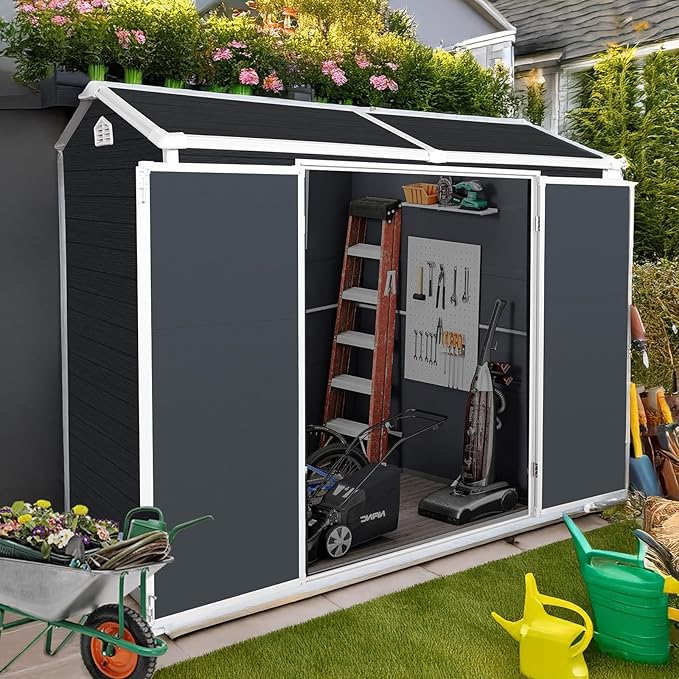 8x4 FT Resin Storage Sheds Outdoor with Floor Included, Plastic Sheds & Outdoor Storage Clearance with 2 Windows and Lockable Door, Backyard Storage Sheds for Bike, Garden Tools