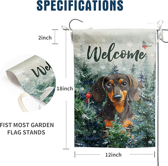 Welcome Winter Garden Flags Dachshund Garden Flag Cardinal Birds on Snowy Pine Tree Flag Dog Yard Flags for Outside 12x18 Double Sided Christmas Decorative Lawn Flags