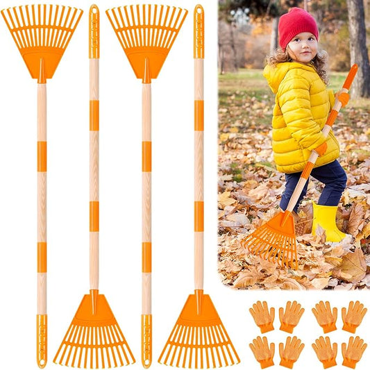 4 Pcs 35'' Kids Rakes for Leaves - Plastic Rake Head with 4 Pairs Kids Gloves, Small Kids Lawn Rakes Detachable Wooden Handle, Autumn Garden Tool Set for Kids Boys and Girls, Orange, 3yr+