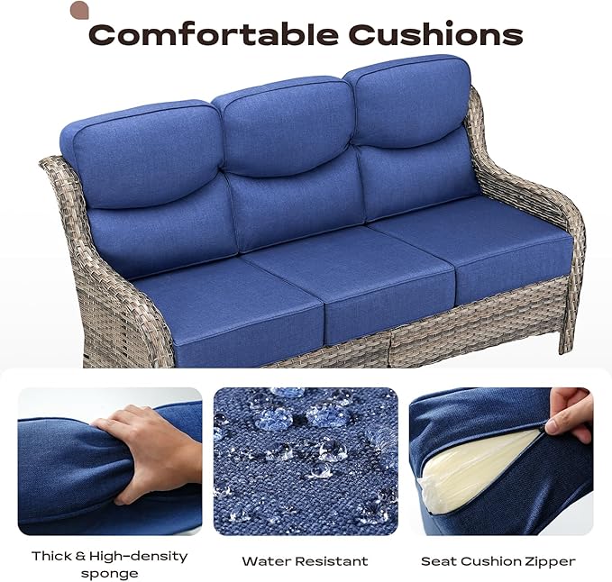 Wicker Outdoor Patio Furniture Set - 8 Piece Patio Conversation Sets with Swivel Rocker Chairs, Ottomans, Sofa and Table, 6 inch Cushions, Deep Seating, for Porch Deck Mixed Grey/Blue