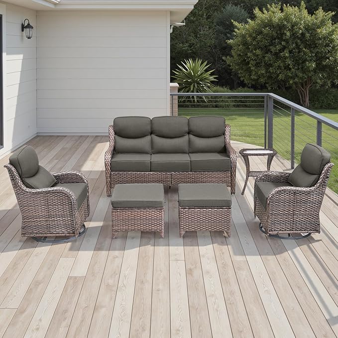 Wicker Outdoor Patio Furniture Set - 6 Piece Patio Conversation Sets with Swivel Rocker Chairs, Ottomans, Sofa and Side Table, 6 inch Cushions, Waterproof Wicker, for Porch Deck Brown/Grey
