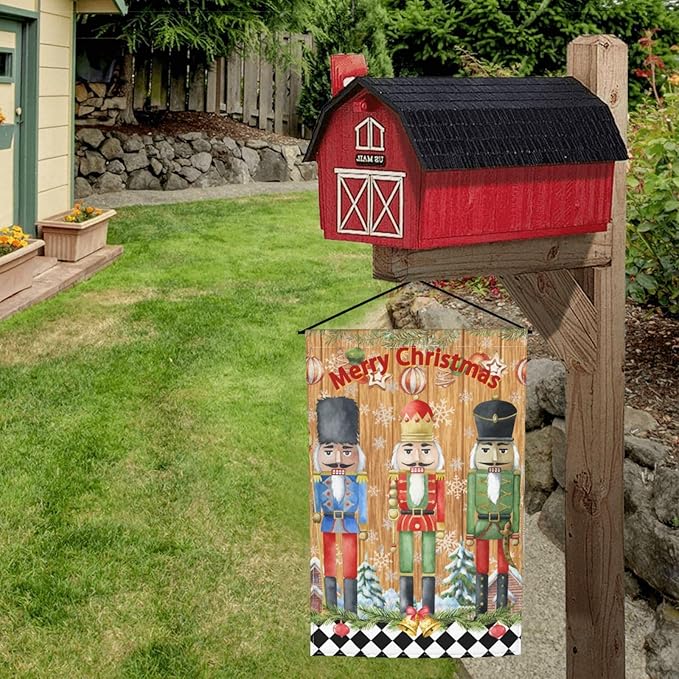 Merry Christmas Nutcracker Buffalo Plaid Check Garden Flag Welcome Party Outdoor Outside Decorations Picks Home House Garden Yard Decor 12x18 Inch