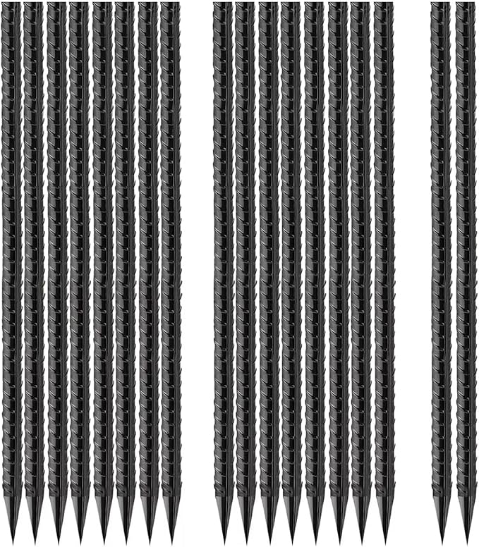 Straight-Rebar-Ground-Stakes 16Inch,Black Coated Straight Ground Anchors with Chisel Point End,Anti-Rust 50Pack Heavy Duty Steel Stakes for Landscape Timbers House Structure Plant Support in Garden