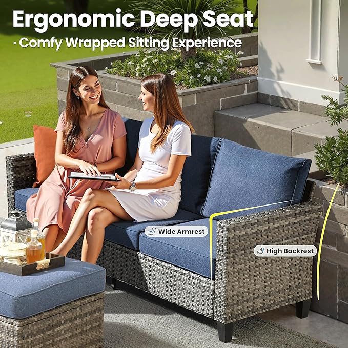 ovios Patio Furniture Set, 6 Pieces Outdoor Wicker Sofa Couch with Loveseat, Ottomans and Comfy Cushions, All Weather High Back Rattan Conversation Set, Denim Blue