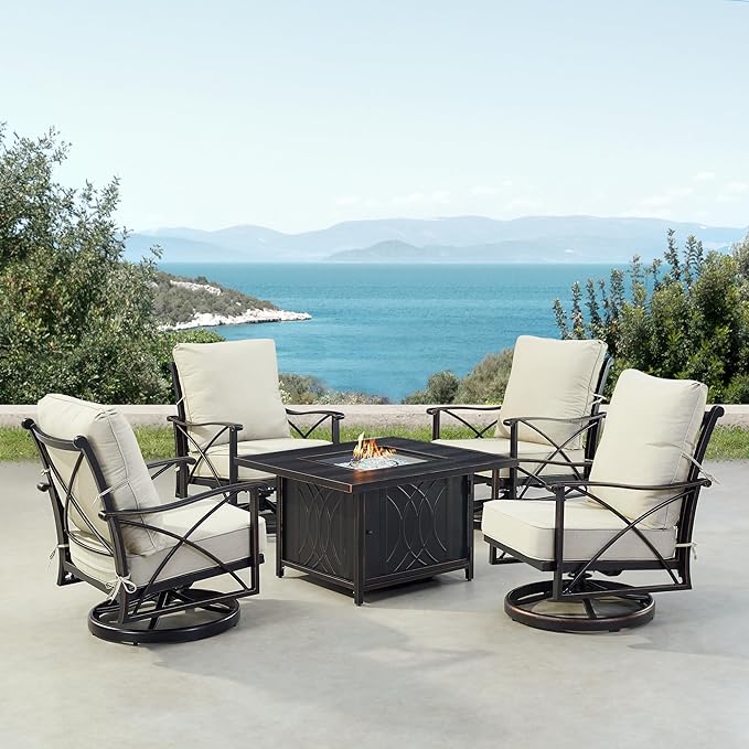 Oakland Living AHRI-4CH-CAVE-LGCU-AC Black Aluminum Patio Fire Table Set with Four Club Chairs, Antique Copper