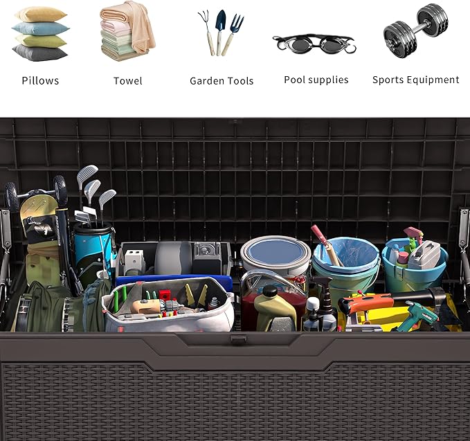 YITAHOME 80 Gallon Resin Deck Box, Weather Resistant Outdoor Rattan Storage Box, Lockable Indoor Outdoor Storage for Supplies and Essentials, Dark Brown