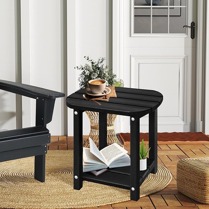 LZRS Outdoor Side Table - 2-Tier Adirondack HDPE Patio End Table for Pool, Porch,Balcony & Backyard,Weather Resistance for Indoor and Outdoor use(Black)