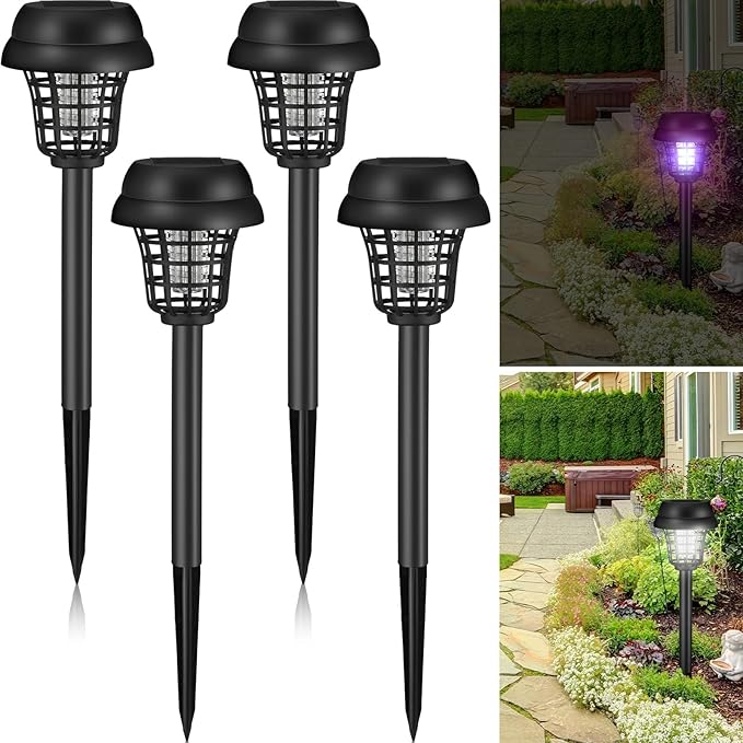 Qualirey 4 Pcs Solar Bug Zapper Waterproof Outdoor Mosquito Zapper Killer and Lighting Repellent Lamp for Indoor Outdoor Use Garden Patio, Purple and White Light(Plastic,Retro Black)