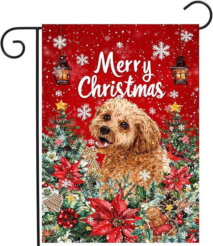 Christmas Golden Doodle Garden Flag Merry Christmas Dog Yard Flag for Outside Xmas Flags 12x18 Double Sided Red Poinsettia Garden Flags Winter Porch Decorations Outdoor