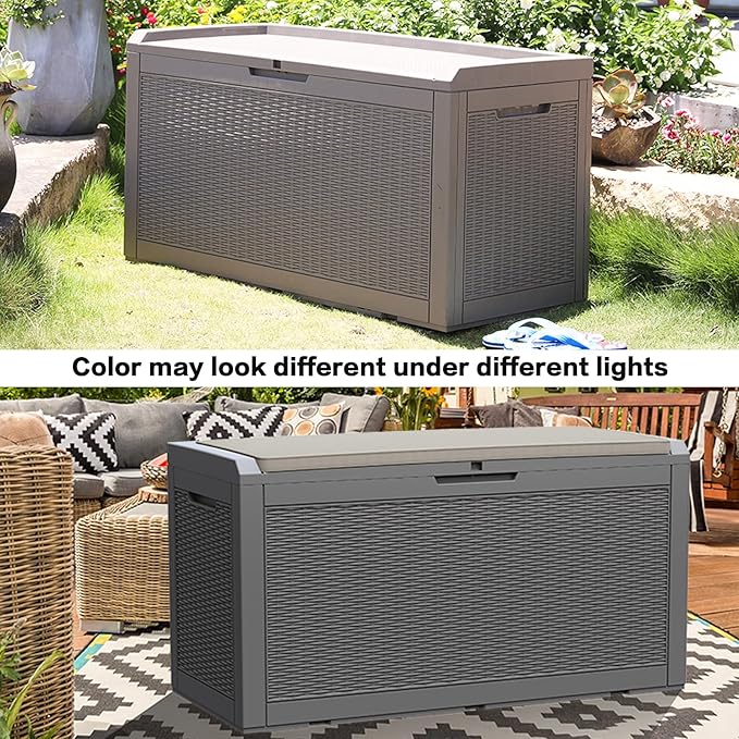 Modern-Depo 100 Gallon Polypropylene PP Deck Box Indoor Outdoor Waterproof Lockable Organization Container & Storage Bin Delivery Box with Cushion, Gray