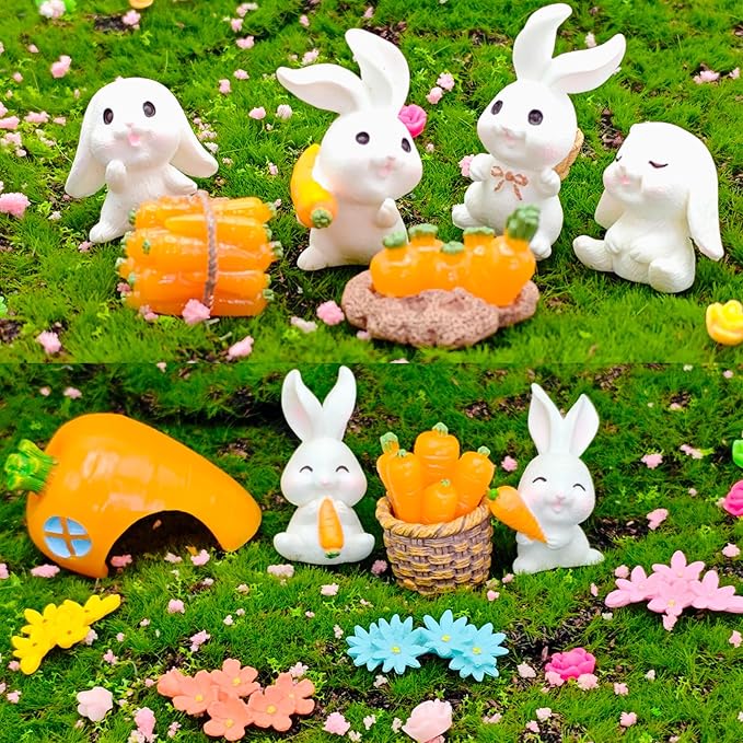 Kai Dream 39 Pcs Fairy Garden Kit - Rabbits and Carrots House,Bunnies Themed Mini Resin Figurines Indoor or Outdoor Decoration,Plant House or Patio Micro Landscapes Décor