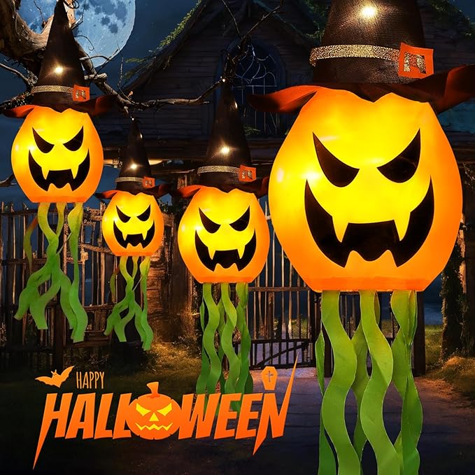 Halloween Decorations Outdoor Decor Hanging Lighted Glowing Pumpkin Witch Hat with 3 Modes Lighted Up Scary Orange Halloween Decorations for Indoor Outside Party Yard Tree Garden (4Pcs)