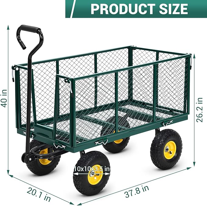 1100 Lbs Steel Garden Cart. Heavy Duty Metal Garden Wagon with 10" Wheels, Pullable Metal Garden Wagon with 180° Rotating Handle and Removable Sides for Farm, Yard