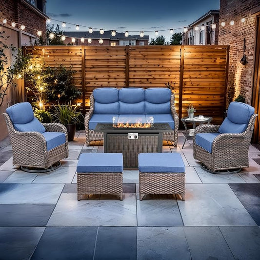 Luxury High Back Outdoor Furniture with 6-inch Extra Thick Cushions, Patio Furniture Set with Fire Pit Table & Swivel Chairs, 7 PCS Wicker Conversation Set for Yard, Deck, Poolside, Brown/Blue