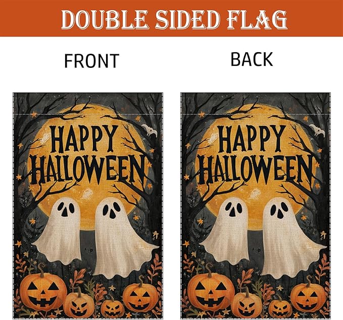 Happy Halloween Garden Flag Ghost Welcome Small Flags for Outside, 12x18 Inch Moon Jack O Lantern Pumpkin Double Sided Burlap Holiday Fall Banner Yard Outdoor Decoration