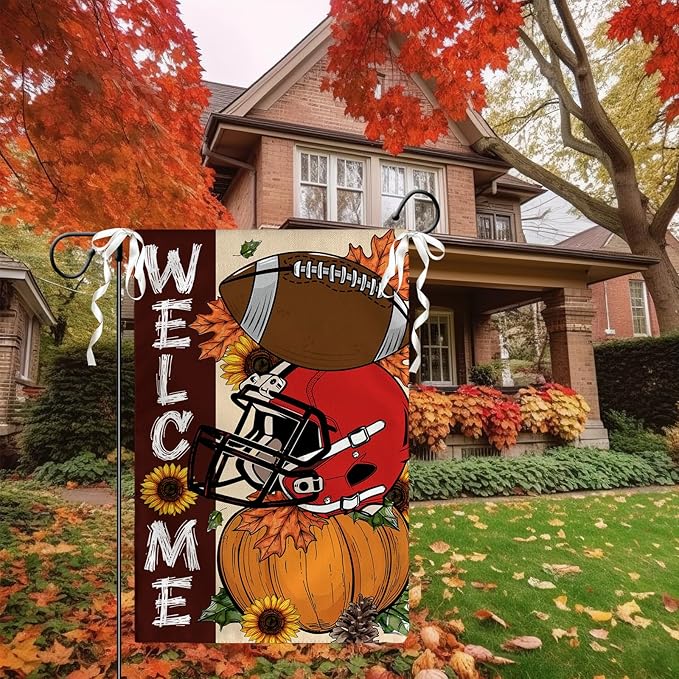 Fall Football Garden Flag Pumpkin Welcome Burlap Yard Flag Autumn Sports Game Sign House Banner Thanksgiving Seasonal Sunflower Garden Flags 12x18 In for Outdoor Lawn Farmhouse Outdoor Decor