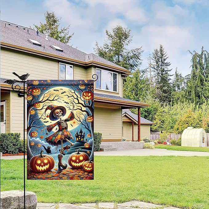 Halloween Garden Flag Skeleton Witch Pumpkin Flag 12x18 Inch Double Sided Fall Halloween Outdoor Decoration Haunted House Party Decor Seasonal Autumn Yard Banner for Home Lawn Patio