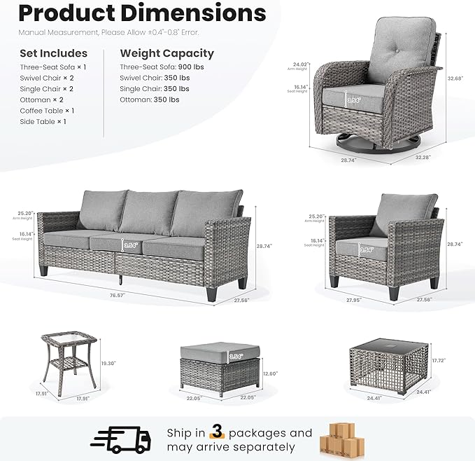 ovios 9 Pieces Patio Furniture Set, Outdoor Wicker Sofa Couch with Rocking Swivel Chairs Solar Lights Table, Modern Deep Seat Rattan Conversation Sets for Porch Deck, Dark Grey