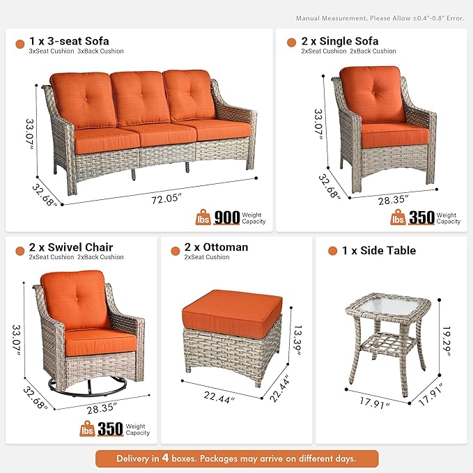 8 Pieces Patio Outdoor Furniture Set with Swivel Rocking Chairs,All Weather Wicker Rattan Patio Seating Sofa and Chair Set w/Ottoman,Outdoor Conversation Sets for Deck Yard Garden,Orange Red