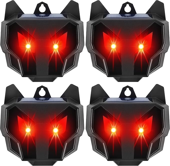 Solar Animal Repellent, Set of 4 Predator Eyes Animal Deterrent Sentinels with Red LED Blinking Lights Drive Away Raccoon, Deer, Skunk, Cat, Coyote from Yard Farm and Chicken Coops