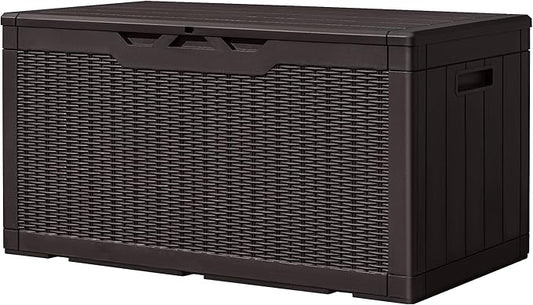 Greesum 100 Gallon Resin Deck Box Large Outdoor Storage, Imitation Rattan Weave Texture for Patio Furniture, Garden Tools, Pool Supplies, Weatherproof and UV Resistant, Lockable, Dark Brown