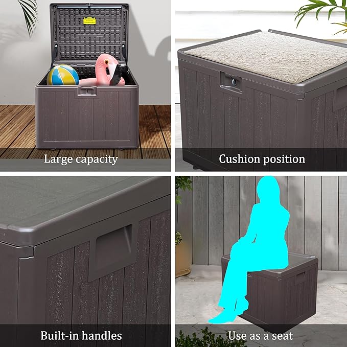 33GAL Brown Blow - Molded Outdoor Deck Box with Lockable Lid - Waterproof, SGS - Certified UV Resistance, Durable Construction for Garden Tool and Pool Accessory Storage, Simple Assembly