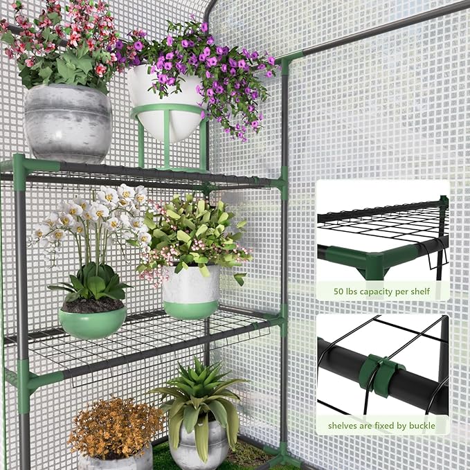 Portable Greenhouse for Outdoor, Small Greenhouses with Durable PE Cover, Walk in Greenhouse with Shelves Stands, White