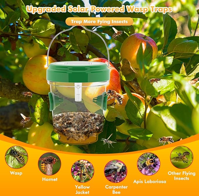 Wasp Traps for Hunting Wasps, Bees, Hornets, Insects, Yellow Jacket Traps, Wasp Trap Catcher, Reusable Solar Powered Hanging for Outdoor, 4 Packs