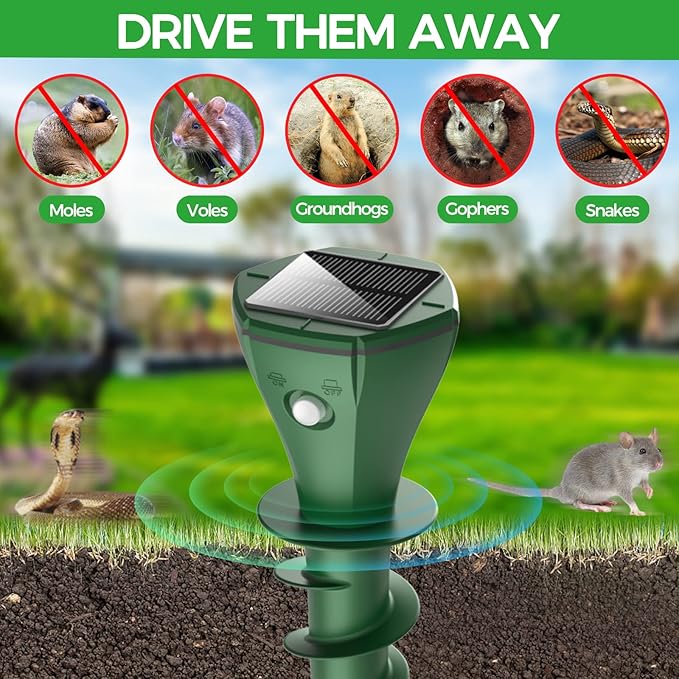 Mole Repellent Solar Powered, 4 Pack Vole Repellent Outdoor, Gopher Repellent Ultrasonic Solar Powered Groundhog Deterrent Snakes Pest Rodent Sonic Vibration Stake for Lawns, Garden, Yard, Farmland