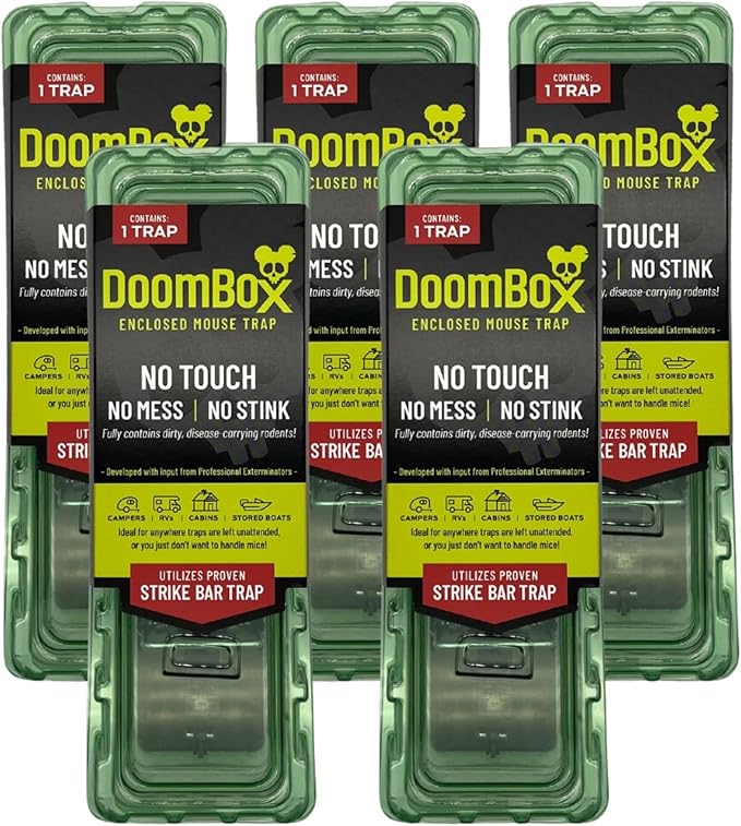 DoomBox™ Green Enclosed Mouse Trap | Keeps The Mess with The Mouse | Patented Click-It™ Closure Technology | Safe for Kids & Pets | Certified Child Resistant | Made in USA (5-Pack Green)