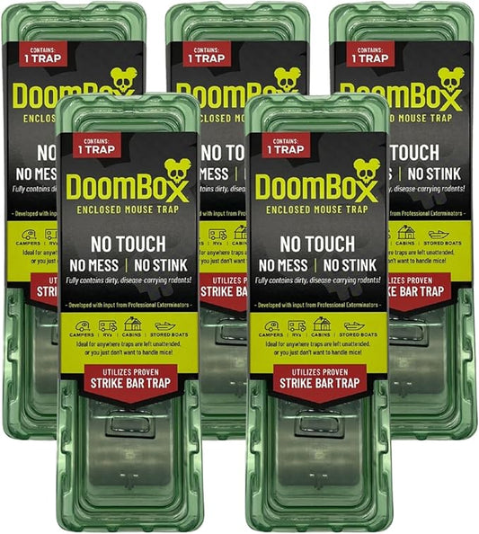 DoomBox™ Green Enclosed Mouse Trap | Keeps The Mess with The Mouse | Patented Click-It™ Closure Technology | Safe for Kids & Pets | Certified Child Resistant | Made in USA (5-Pack Green)