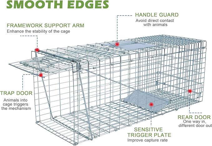 Live Animal Trap Cage with Cover & Gloves, Cat Trap for Stray Cats 32 Inch Heavy Duty Folding Skunk Traps with Real Door for Raccoons, Opossums, Skunks, Feral Cats, Squirrels-(32 x 10 x 12 inches)