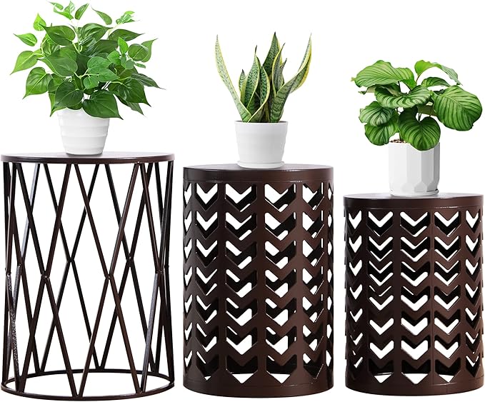 Y&M Nesting Side Table, Set of 3 Stacking Coffee Table for Living Room, Indoor End Tables, Outdoor Garden Stool with Heavy Duty Modern Industrial Decor - Pure Brown (Ship from US)