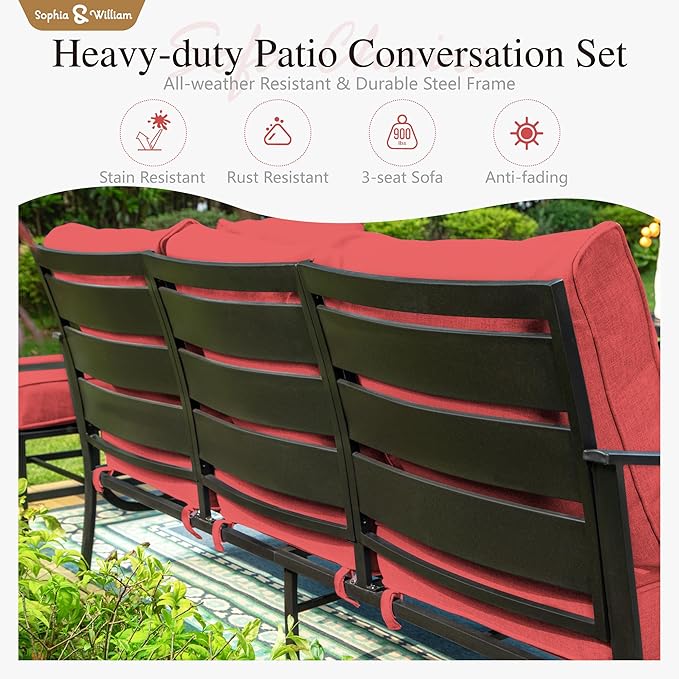 Sophia & William Patio Furniture Sets with 45" Gas Fire Pit Table for 7 Outdoor Conversation Sets 6 Pcs, 2 x Swivel Cushioned Sofa Chairs, 1x3-Seat Sofa, 2xOttomans for Backyard Poolside Red