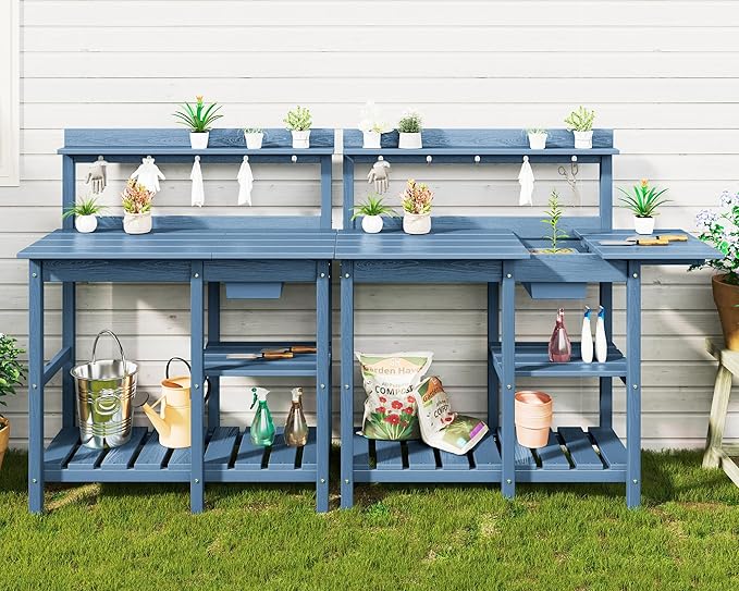 SERWALL Potting Table Outdoor Potting Bench with Sink, HDPE Potting Benches for Outside All Weather Use- Blue