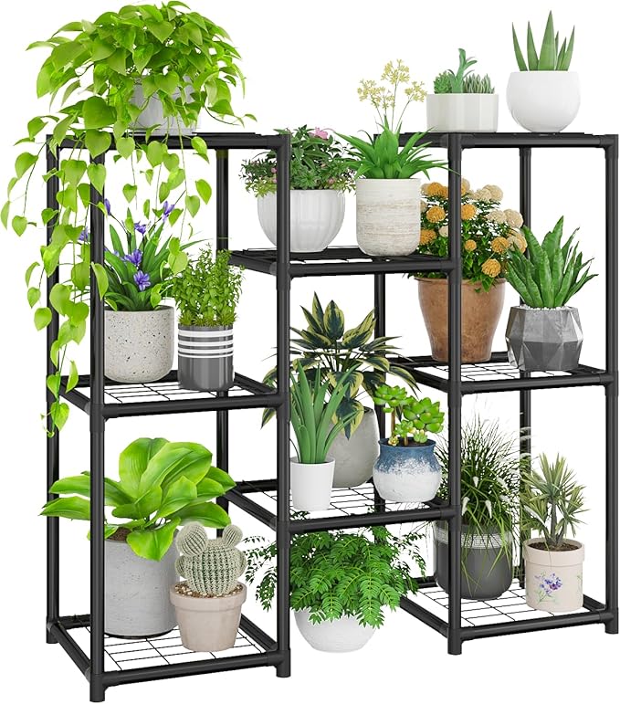 Plant Stand Indoor Outdoor Metal Plant Shelf 5 Tiers Corner Plant Rack for Multiple Plants Flower Holder for Patio Balcony Garden Black