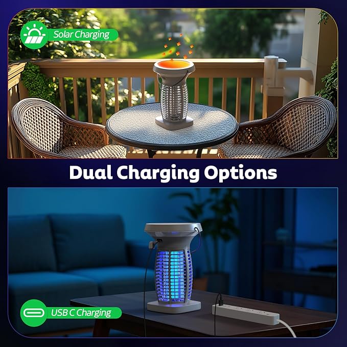 Solar Bug Zapper Outdoor, Mosquito Zapper Outdoor Waterproof Electric Fly Zapper Rechargeable Mosquito Killer with Solar Panel, 4200V Fly Trap Indoor for Home Backyard, Patio, Garden, Camping
